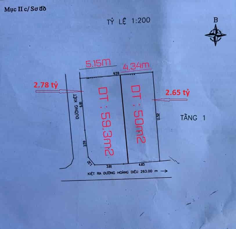 Bán đất 2 mặt kiệt 4.5m 226 Hoàng Diệu, 59m2, giá 2.78 tỷ