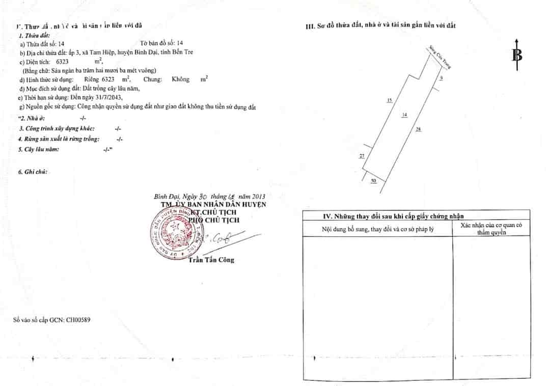 Bán đất vườn dừa, 6300m2, tại cù lao Tam Hiệp, Bình Đại, Bến Tre giá đầu tư