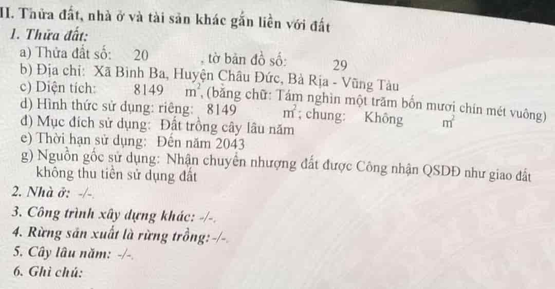 Cần bán nhanh lô đất trồng cây lâu năm tại Bình BA Châu Đức, Bà Rịa Vũng Tàu