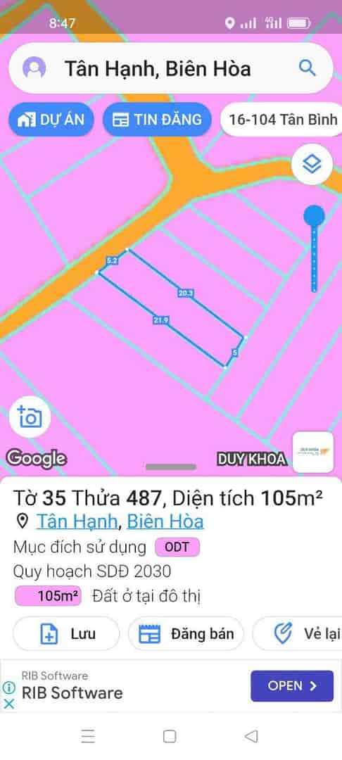 Bán đất đường thông mua bán, p. Tân Hạnh Tp Biên Hoà, 105m2, 2 tỷ 100tr