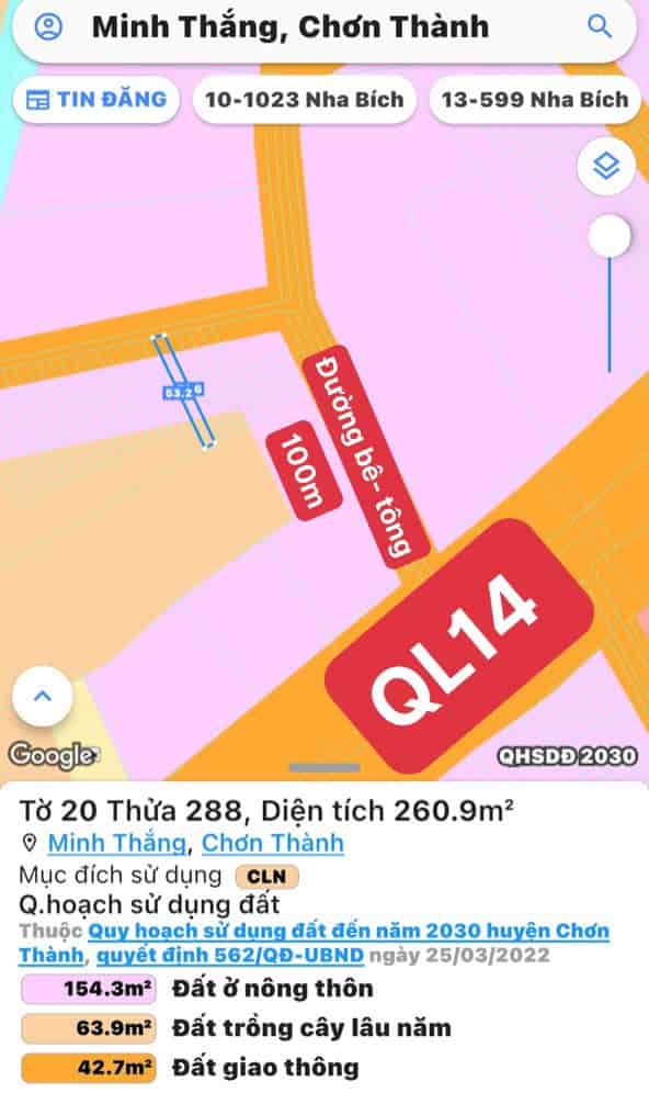 Chính chủ bán lô đất đẹp cách QL14 chỉ 100m giá rẻ thị xã Chơn Thành, Bình Phước