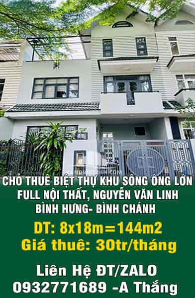 Cho thuê biệt thự khu sông ông lớn full nội thất, Nguyễn Văn Linh, Bình Hưng