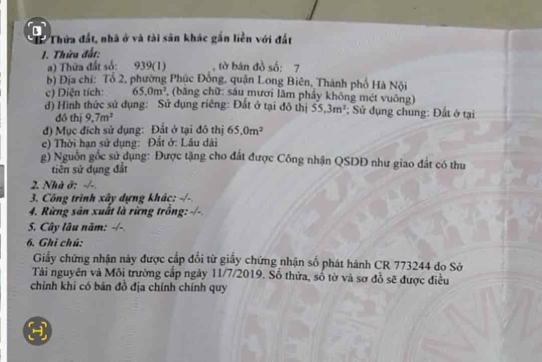 Chính chủ bán đất tặng nhà cấp 4. Mảnh đất 65m2 tại Nguyễn Văn Linh, Phúc Đồng, Long Biên, HN