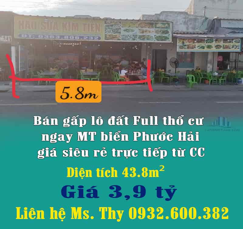 Bán lô đất full thổ cư ngay MT biển Phước Hải, giá siêu rẻ trực tiếp từ CC