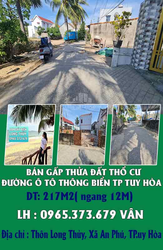 Bán thửa đất thổ cư đường ô tô thông biển Tp Tuy Hòa