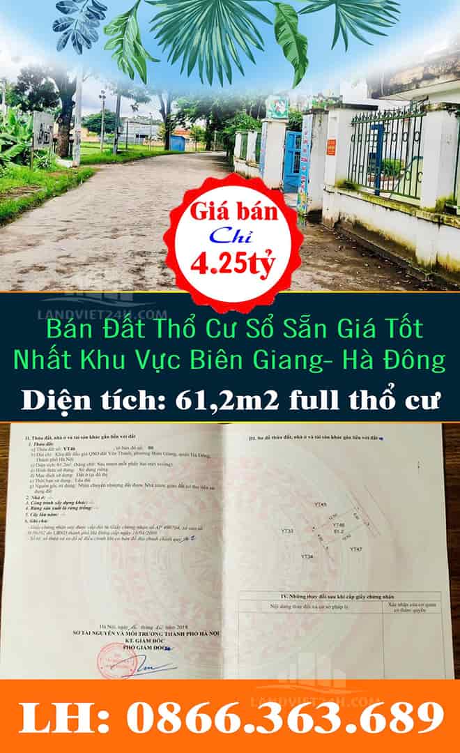 Bán đất thổ cư sổ sẵn giá tốt nhất khu vực Biên Giang, Hà Đông