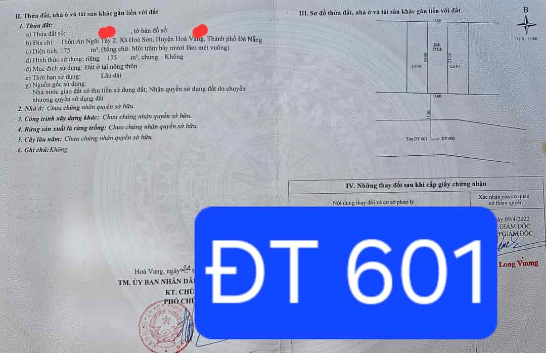 Bán đất MT đường ĐT601 Hòa Sơn, Hòa Vang, Đà Nẵng