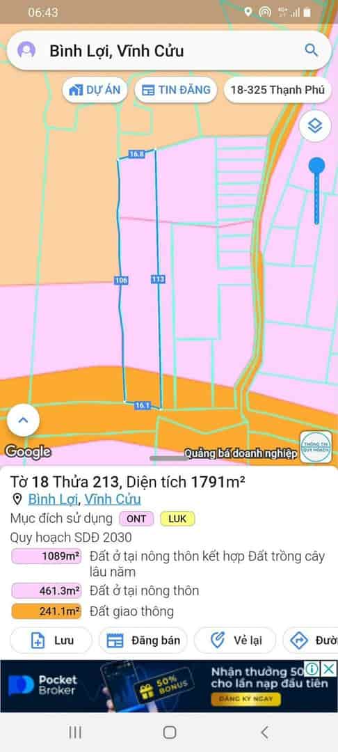Bán đất MT Bàu Tre Bình Lợi, Vinh Cửu, Đồng Nai, 1800m2, giá 5 tỷ 500.