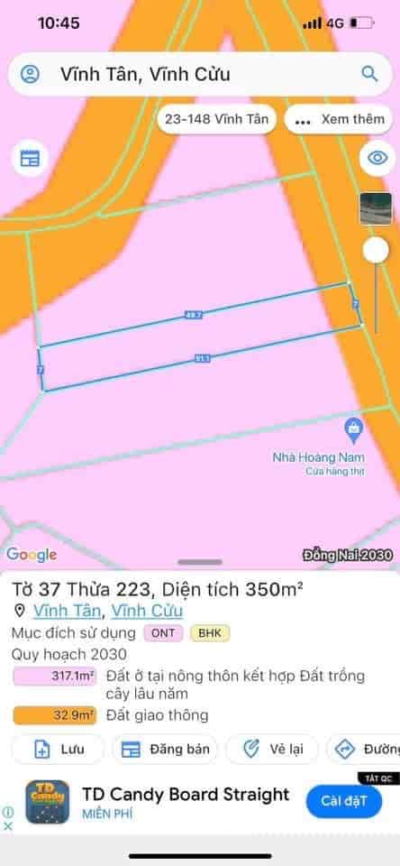 Chính chủ cần bán lô đất ở xã Vĩnh Tân, Huyện Vĩnh Cửu, Đồng Nai