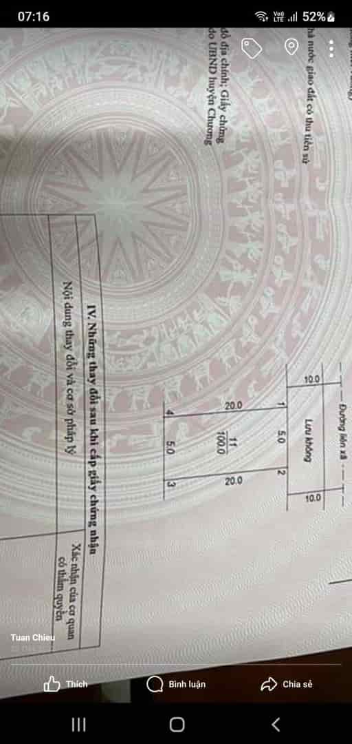 Chủ nhà cần bán lô đất đối diện ủy ban Trần Phú dt 100m đường liên xã ô tô chạy thông ngày đêm