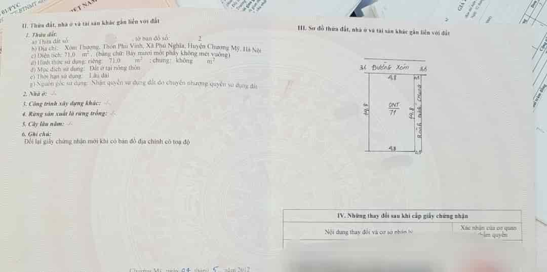 71m, mặt tiền 4.8m, đường to, ngay gần QL6, Phú Nghĩa, Chương Mỹ, Hà Nội