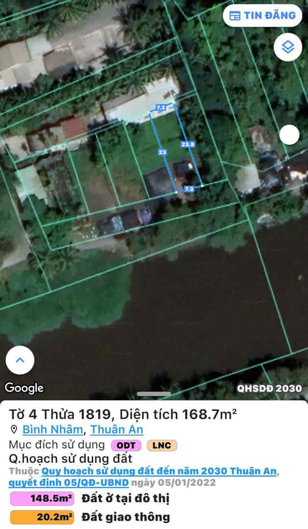 Chính chủ cần bán đất view sông sau công viên Bình Nhâm, Tp Thuận An, Bình Dương