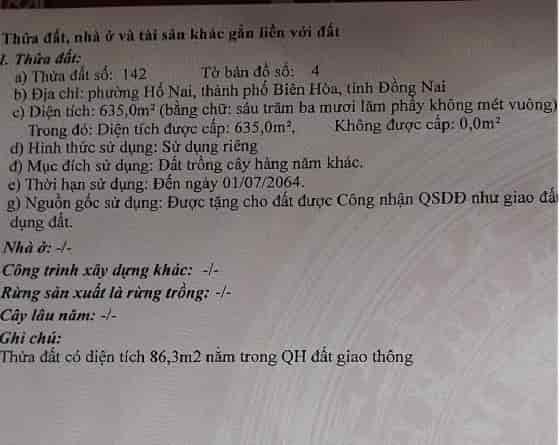 Bán lô góc 2 mặt tiền chính chủ TP Biên Hoà, Đồng Nai