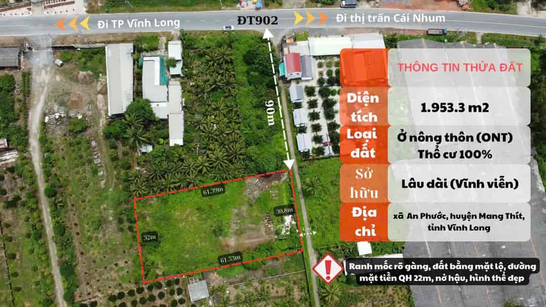 Cần bán 1953.3m2 đất, 100% thổ cư mặt tiền tỉnh lộ 902, Xã An Phước, H. Mang Thít, Vĩnh Long