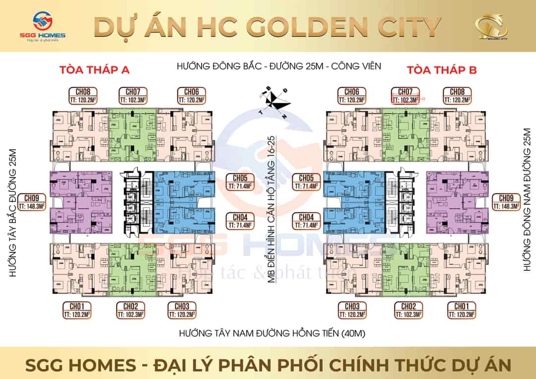 Hàng ngoại giao quỹ căn 2, 3 phòng ngủ, chung cư HC Golden City Hồng Tiến, Long Biên