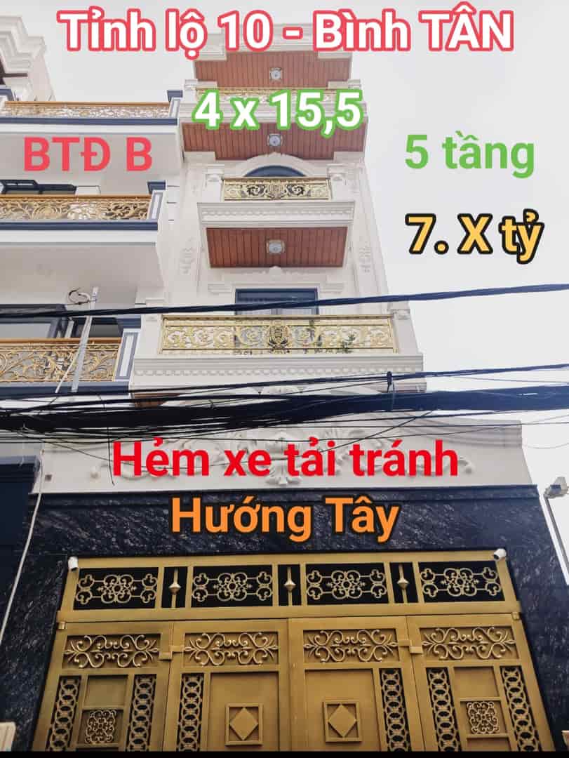 Hẻm ô tô 8m, Tỉnh Lộ 10, Bình Tân, 5 tầng, 4m x 16m, nhỉnh 7 tỷ