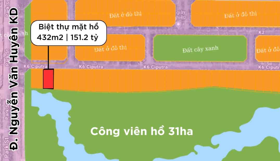 Biệt thự mặt hồ K6 Ciputra, view trọn công viên 31ha, dt 432m2, 151.3 tỷ