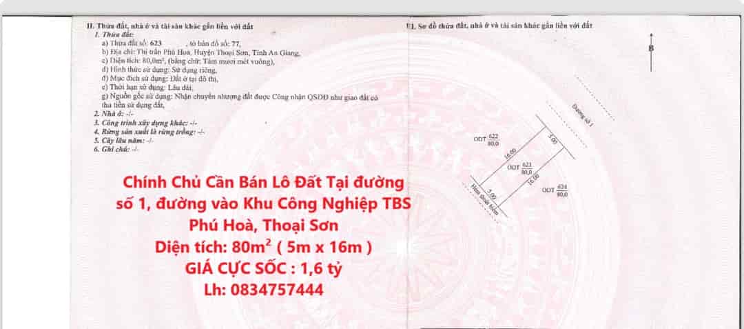 Chính chủ cần bán lô đất tại đường số 1, đường vào khu Công Nghiệp TBS Phú Hoà, Thoại Sơn