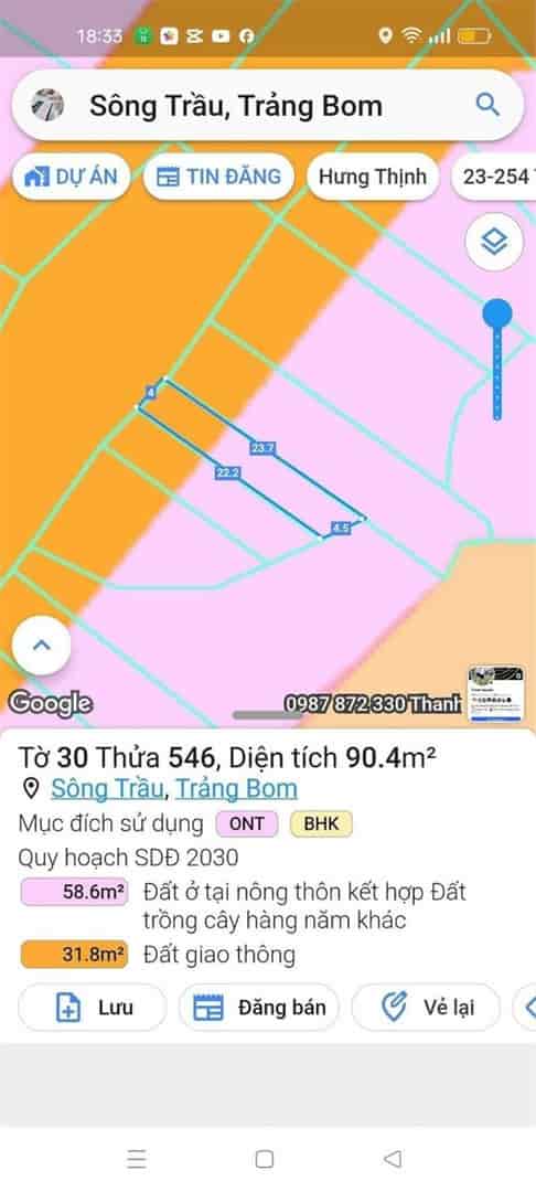 Bán lô đất chính chủ mặt tiền đường Nguyễn Hoàng, Trảng Bom, Đồng Nai