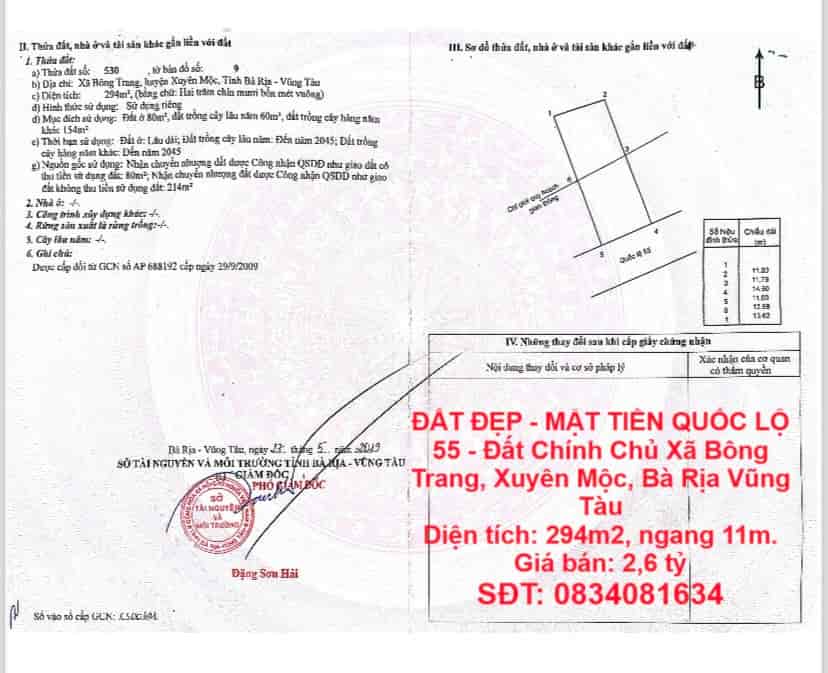 Đất đẹp, mặt tiền quốc lộ 55, đất chính chủ xã  Bông Trang, Xuyên Mộc, Bà Rịa Vũng Tàu