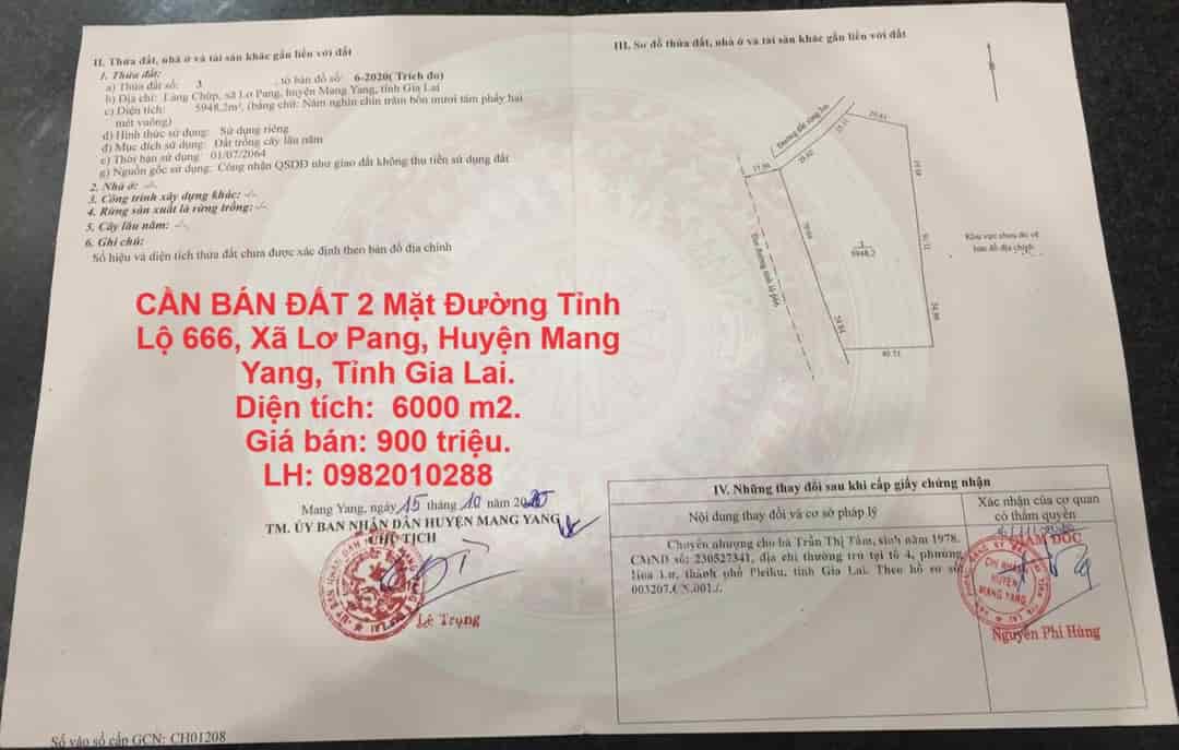 Cần bán đất 2 mặt đường Tỉnh Lộ 666, xã Lơ Pang, huyện Mang Yang, tỉnh Gia Lai.