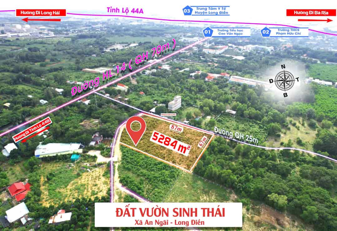 Đất vườn sinh thái ven biển long hải DT 87x67m góc 2MT nhựa QH 25&8m giá 1.2 tr/m2