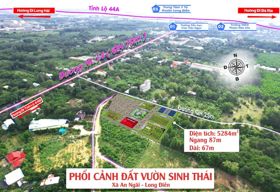 Đất vườn sinh thái ven biển long hải DT 87x67m góc 2MT nhựa QH 25&8m giá 1.2 tr/m2