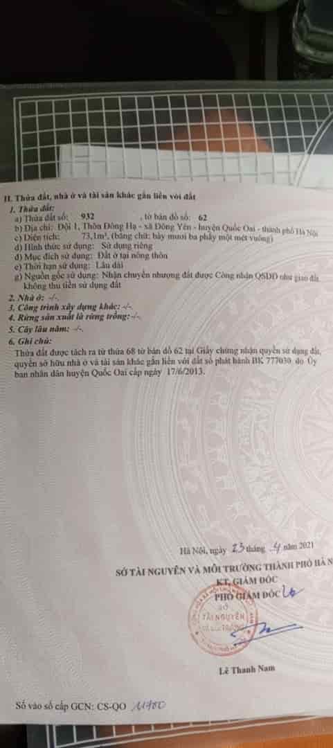 Cần bán lô đất đẹp Đông Yên Quốc Oai phân lô thông bàn cờ 73.1m2 chính chủ