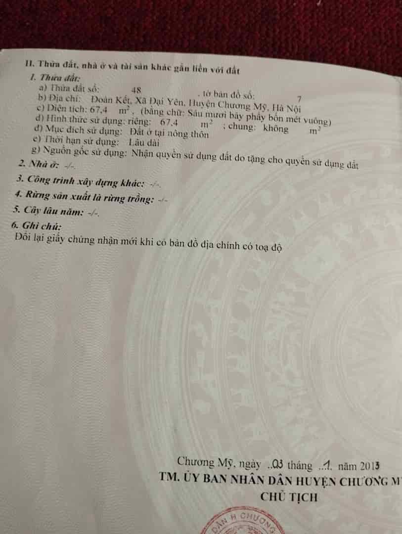 Cc gửi bán 67.4m2, 1.x tỷ, tại Đoàn Kết, Đại Yên, Chương Mỹ, Hà Nội, lô góc, ô tô vào