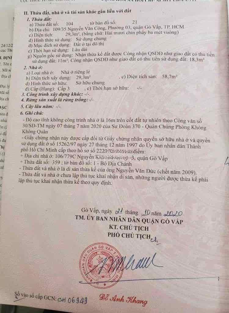Bán nhà chính chủ hẻm 109/35 Nguyễn Văn Công, Phường 03, Quận Gò Vấp 3,4 tỷ, 29m2