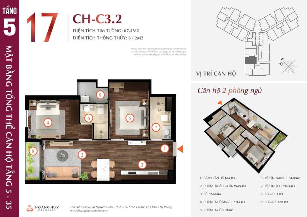 Căn hộ Hoàng Huy Commerce, Lê Chân, Hải Phòng 62m2, 2N, 2VS