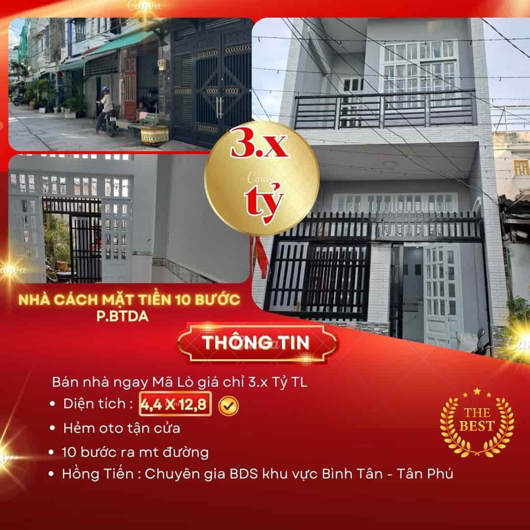 Bán nhà Mã Lò, DT 4x12m, hẻm ô tô thông, nở hậu, 4PN, không QH, không lộ giới, giá 3 tỷ nhỉnh TL