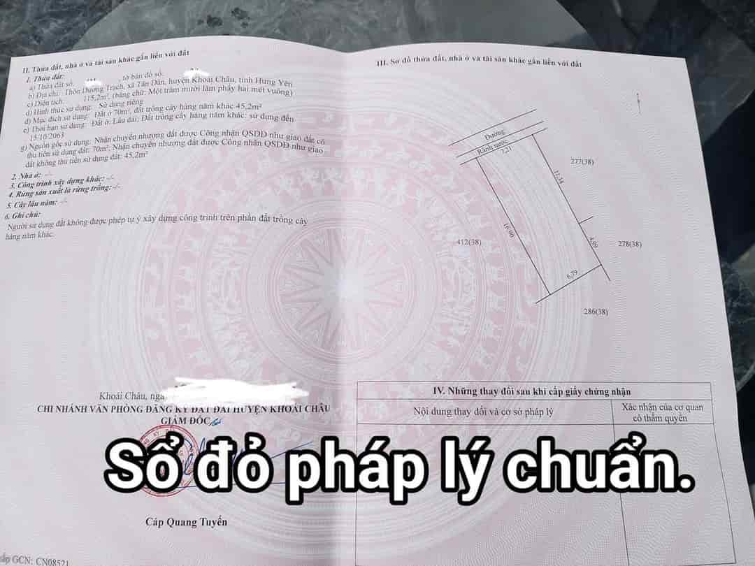 Bán đất Tấn Dân Khoái Châu diện tích 115m mặt tiền 7.2m đường ô tô thông, giá đầu tư