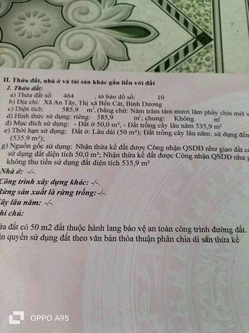 Bán lô đất nền ở Bến Cát, diện tích 600m2, 50m2 thổ cư, sổ sẵn