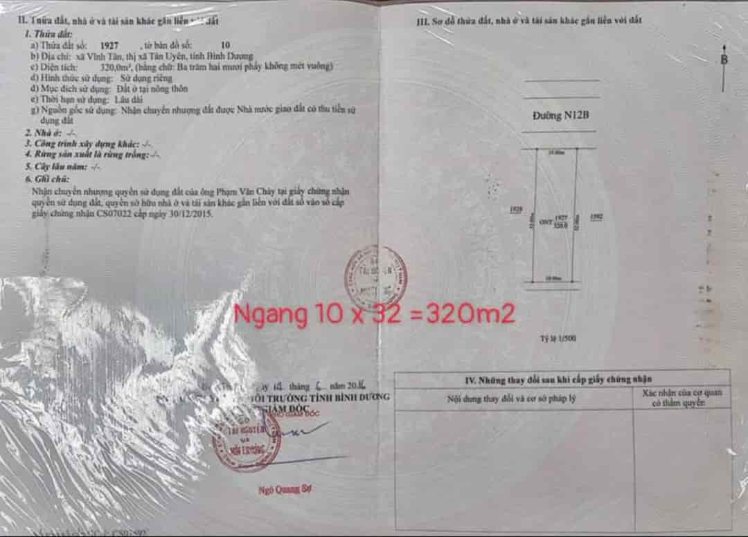 Bám lô đất ngay Tân Uyên Bình Dương, 320m2, Full tc 100%, rất thích hợp xây trọ và nhà xưởng, giá 3T9