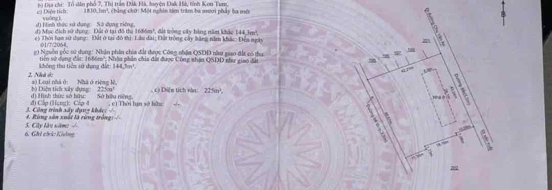 Bán 1.830m2 trung tâm Huyện Đăk Hà, tỉnh Kon Tum ngang 42,5m, dài 43m, có 1.686m2 thổ cư