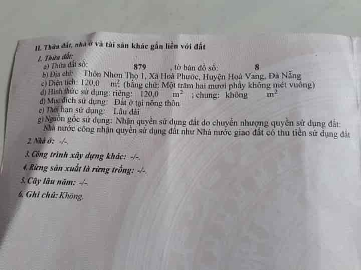 Chủ cần bán lô đất xã Hòa Phước, Đà Nẵng gần cụm trường học mẫu giáo, cấp 1, cấp 2 giá chỉ 1 tỷ