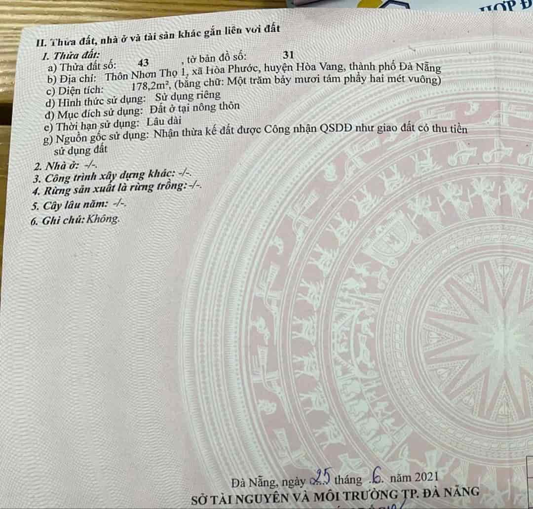 Bán lô trục kinh doanh Hòa Phước Đà Nẵng gần cụm trường học ngang 6m dt 180m2 đường 8m