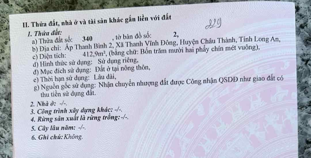 Đất đẹp giá tốt, chính chủ cần bán lô đất Xã Thanh Vĩnh Đông, Châu Thành, Long An