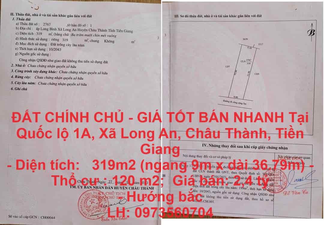 Đất chính chủ giá tốt bán nhanh tại Quốc lộ 1A, Xã Long An, Châu Thành, Tiền Giang