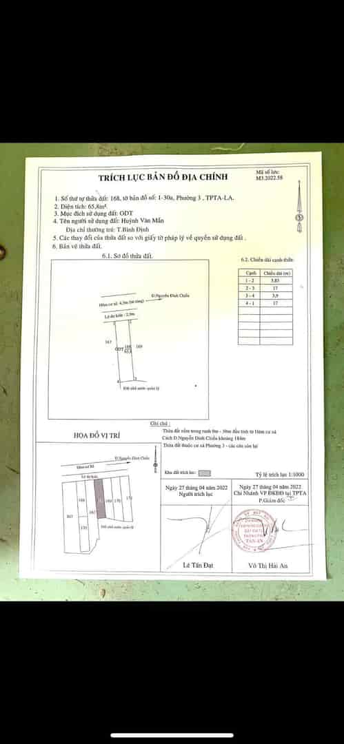 Đất đẹp, giá tốt, chính chủ bán nhà đất tại 5/8 cư xá a phường 3, tp Tân An, Long An