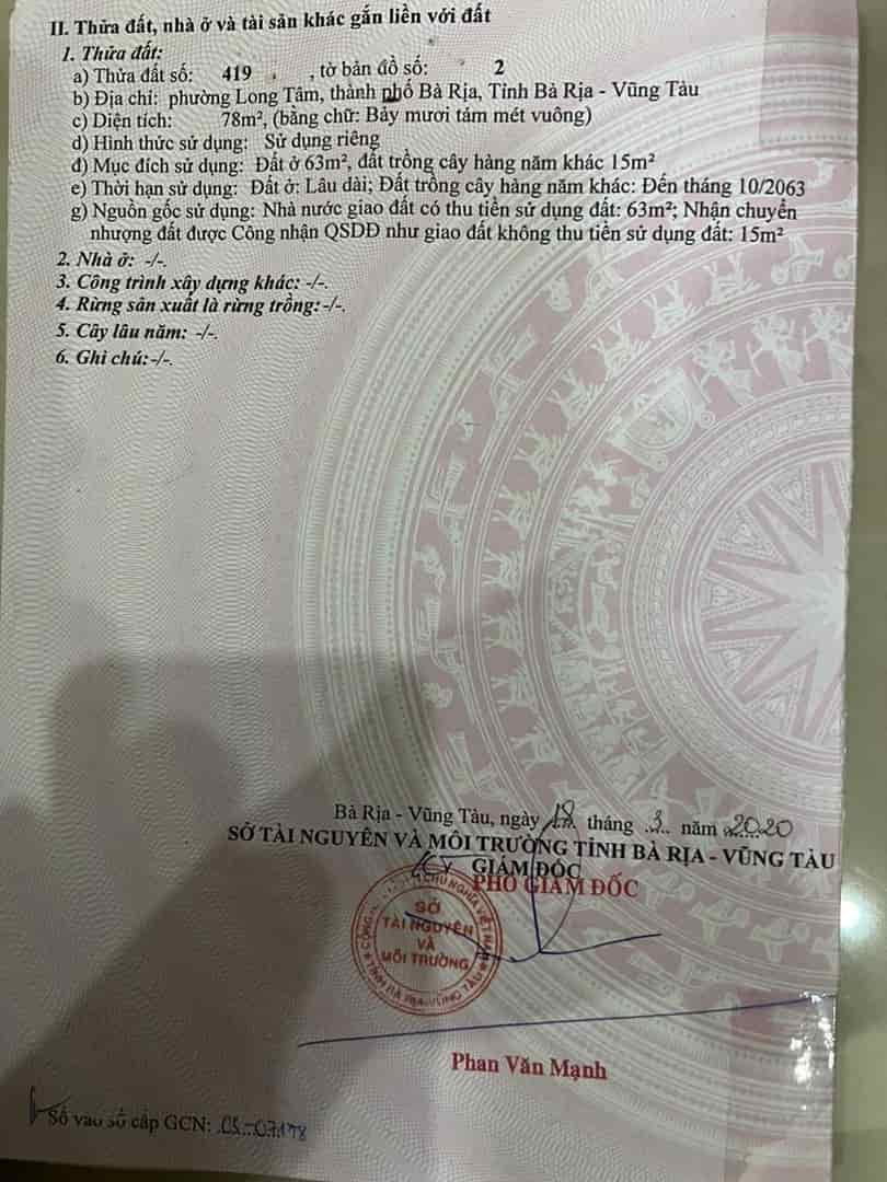 Đất đẹp, đầu tư sinh lời, chính chủ cần bán nhanh lô đất phường Long Tâm, Tp.Bà Rịa, BRVT