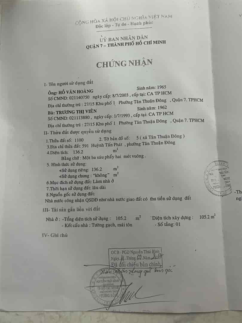 Chính chủ cần bán nhà tại 591, đường Huỳnh Tấn Phát, phường Tân Thuận Đông, Quận 7, HCM