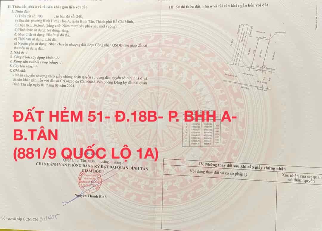 Bán đất hẻm 8m, hẻm số 51/ đường số 18B, P.Bình Hưng Hòa A, Q.Bình Tân, Tp Hồ Chí Minh